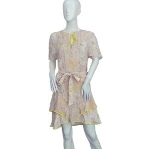 NWT Reiss Carlotta Tie Waist Flippy Blush Pink Yellow Floral Mini Dress sz 12